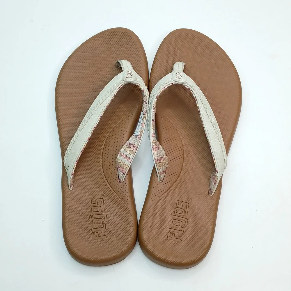 Flojos Fiesta Flip Flop Sandals Women Size 7 Tan Cream Woven Fabric Lining